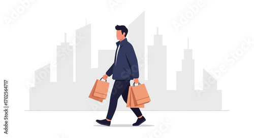 Man With Shopping Bags Strolling In Urban Backdrop Depicting Consumerism And Commerce