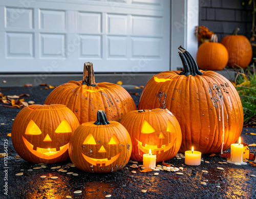 Halloween Jack-o'-lanterns Suburban Driveway Evening Candle Glow
