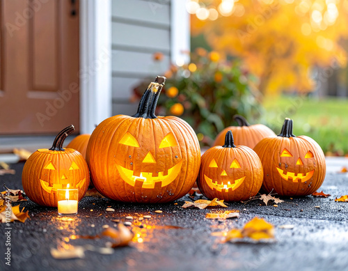 Halloween Jack-o'-lanterns Suburban Driveway Evening Candle Glow