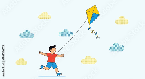 Joyful Child Running Outdoors Flying a Colorful Kite in a Beautiful Sky