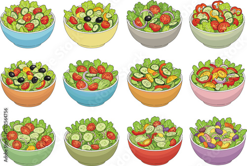 PrintCollection of colorful fresh vegetable salad bowls with tomatoes, cucumbers, lettuce, olives, peppers, onions, healthy organic vegetarian food vector illustration.