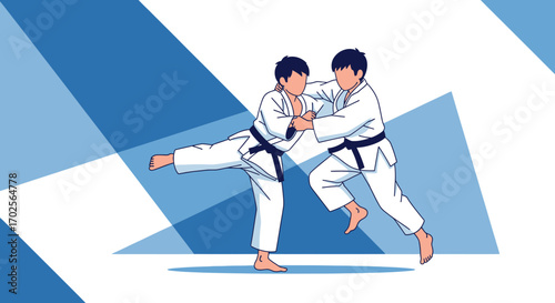 Martial Artists Engaging In Dynamic Judo Practice Depicted With Striking Blue Accents