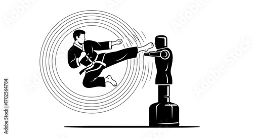 Martial Artist Executes a Powerful High Kick in Front of a Target Dummy