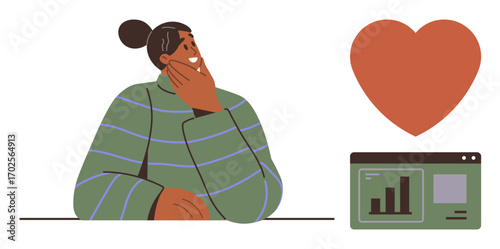Person thinking while observing a chart and heart symbol, representing thoughtful decision-making. Ideal for analytics, care, empathy, user experience, business strategy, self-reflection