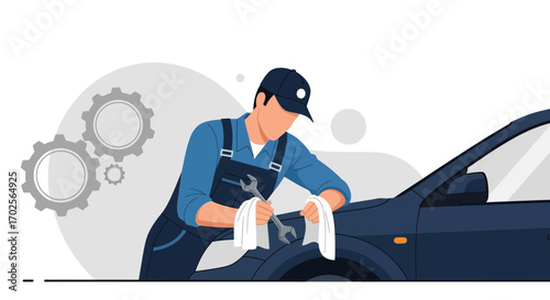 Mechanic Repairs Automobile, Inspecting And Working On Vehicle, Garage Service Illustration
