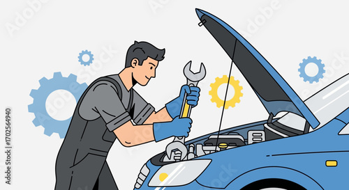 Mechanic Servicing Car Engine With Tools And Gears Illustrating Automotive Maintenance