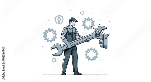 Mechanic Repairing Machinery With A Large Wrench Simple Illustration Modern Style.
