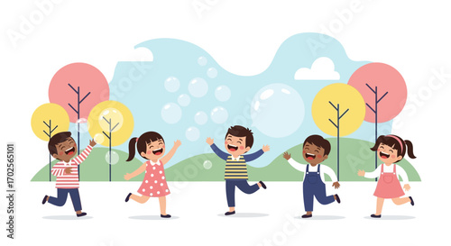Joyful Children Playing Outdoors as Bubbles Float in a Delightful Afternoon Scene