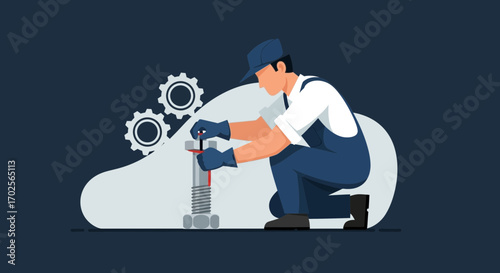 Mechanical Engineer Working With A Large Bolt, Illustration Of Engineering And Maintenance