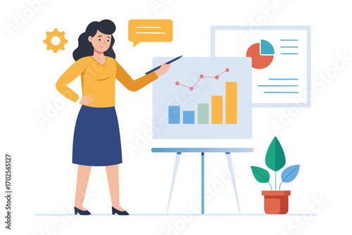 Businesswoman presenting data charts and graphs on whiteboard with plant and gear