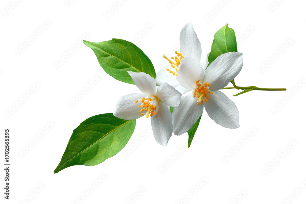 Fototapeta premium Close-up of a flowering branch with two blossoms. Fresh, delicate white flowers with yellow centers and vibrant green leaves. Isolated against a black background