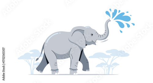 Joyful Elephant Displaying Water, Against A Backdrop, in a Playful, Modern Flat Illustration