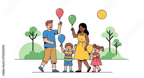 Joyful Family Celebrating Outdoors With Colorful Balloons, Expressing Happiness And Excitement