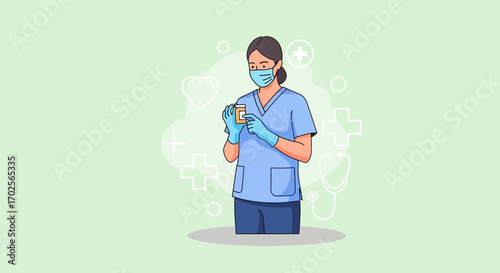 Medical Professional Holding Medication Bottle With Medical Symbols Graphic Design Concept