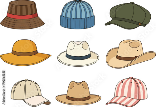 PrintCollection of Various Stylish Hats and Caps Vector Illustration Set for Fashion Design, Accessories Icon, Headwear Clipart, and Decoration