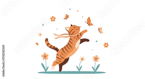 Joyful Feline Embraces Playful Butterflies Amidst Gentle Blossoms in Delight