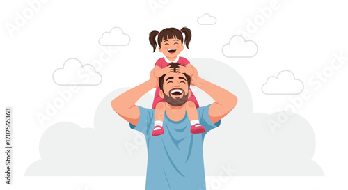 Joyful Father Carries Little Daughter on Shoulders Under a Sky Full of Clouds