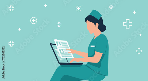 Medical Professional Reviewing Information On Laptop, Healthcare And Modern Technology
