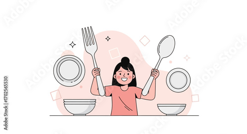 Joyful Girl Demonstrating Kitchen Utensils, Celebrating Culinary Fun