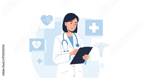 Medical Professional Reviewing Records and Medical Charts with Health Icons Around