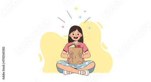 Joyful Girl Holding Groceries Excited About Her Healthy Packed Lunch in a Creative Style