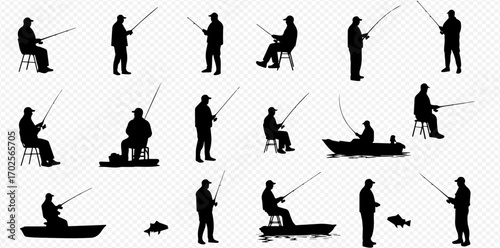 Silhouettes of men fishing in various poses, both standing and sitting, on land and in boats, with fishing rods.