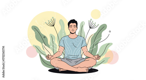 Meditating Man in Lotus Position with Botanical Elements and Vector Illustration