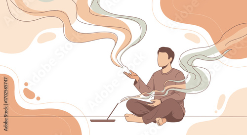 Meditating Man With Incense Releasing Tranquil Essence Into The Atmosphere