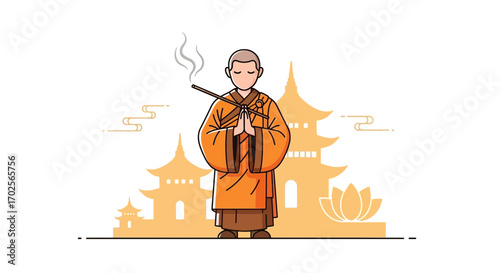 Meditating Priest in Traditional Garb with Incense, Temples and Peaceful Ambiance