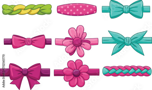 PrintColorful collection of nine decorative headbands with bows, flowers, and braided designs arranged in grid for fashion accessory vector illustration