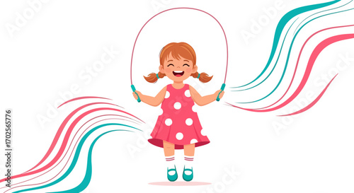 Joyful Girl Skipping Rope And Energetic Colored Swirl Decor Visual