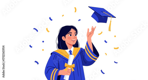 Joyful Graduate Celebrating Academic Achievement With Graduation Regalia and Vibrant Confetti