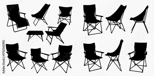 Silhouettes of various portable camping and folding chairs with an ottoman against a transparent background.