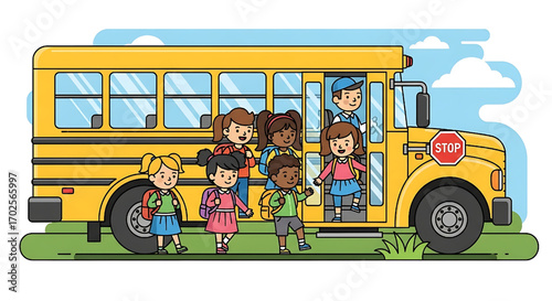 Children boarding a yellow school bus on a sunny day for school