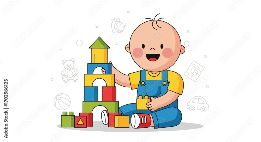 Fototapeta premium Joyful Infant Playing With Building Blocks Constructing A Colorful Structure