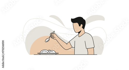 Minimalist Illustration of Human Eating a Meal, Simple Design, Food Service Concept
