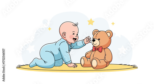 Joyful Infant Interacting With Plush Toy, A Moment Of Playful Discovery, Adorable Concept