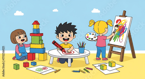 Happy children playing and creating art in a colorful kindergarten classroom