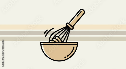 Mixing Ingredients in a Brown Bowl with a Whisk, Minimalist Vector Illustration