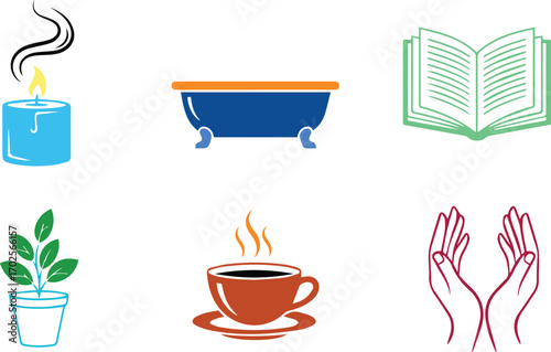  a collection of relaxation and selfcare icons, featuring a candle, a bathtub, an open book, a potted plant, a cup of coffee, and cupped hands