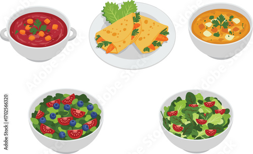 PrintColorful collection of soups, wraps, and salads in bowls and plate with fresh vegetables for healthy food vector illustration design