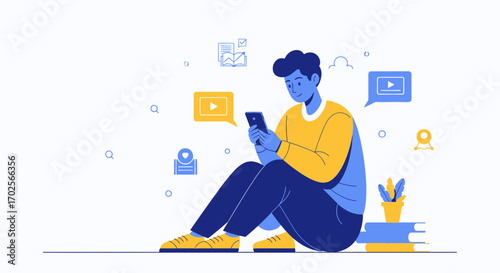 Modern Person Using Smartphone for Streaming and Online Information, Flat Design