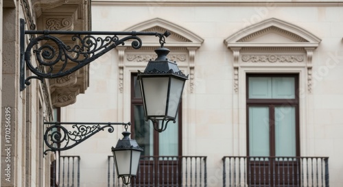 Ornate street lamps on historic european building facade with decorative ironwork
