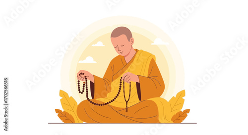 Monk Meditating While Holding Beads, Focused on Peaceful Contemplation and Spirituality