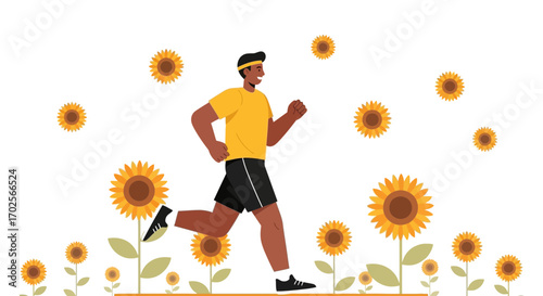 Joyful Runner Amidst Flourishing Sunflowers Demonstrating Vibrant Health and Fitness