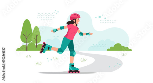 Joyful Rollerblading Adventure on A Sunny Day in A Park, Outdoors, Recreation and Sport