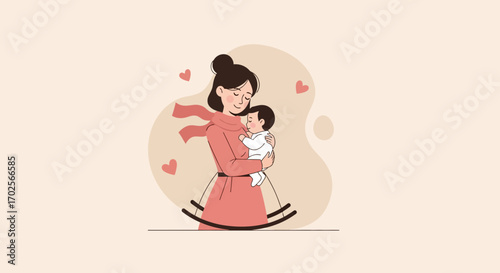 Mother And Child Loving Embrace, Cute Illustration With Hearts, Rocking Chair Scene