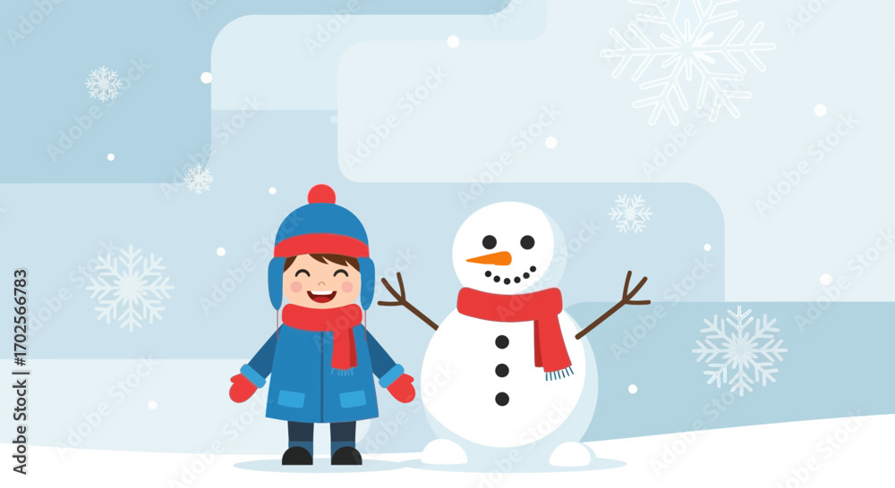 Fototapeta premium Joyful Winter Day: A Cheerful Child and Snowman in Festive Season Together