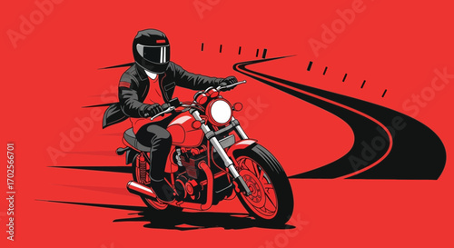 Motorcycle Rider Cruising On Winding Road In Pop Art Illustration With Intense Colors