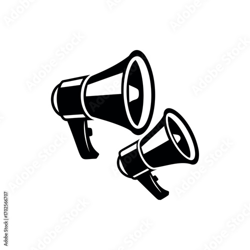 Two black and white megaphone illustrations signifying communication and announcement needs silhouette vector